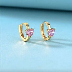Gold Hoop Earrings with Pink Heart Stones
